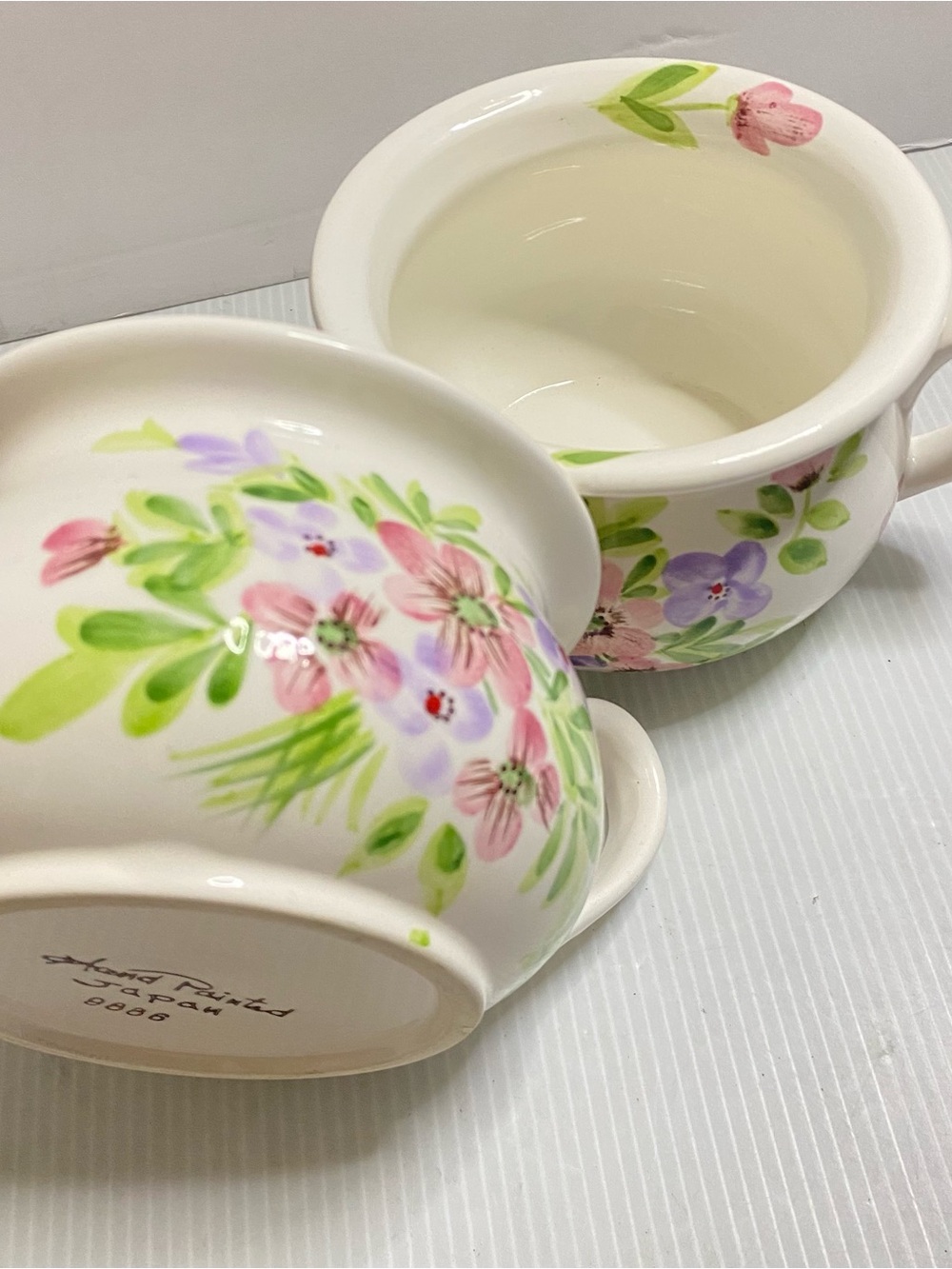 Hand-Painted Japanese Floral Ceramic Soup Bowl - White with Pink & Purple Flower
